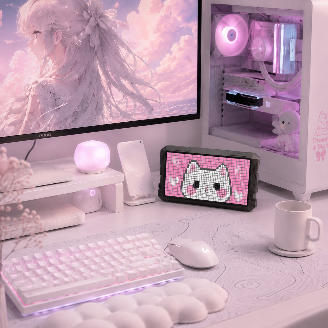 Wide pixel display used in a pink gaming and desktop setup