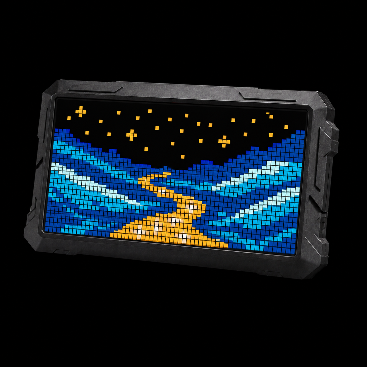 Zyko wide pixel display showing colourful landscape pixel art