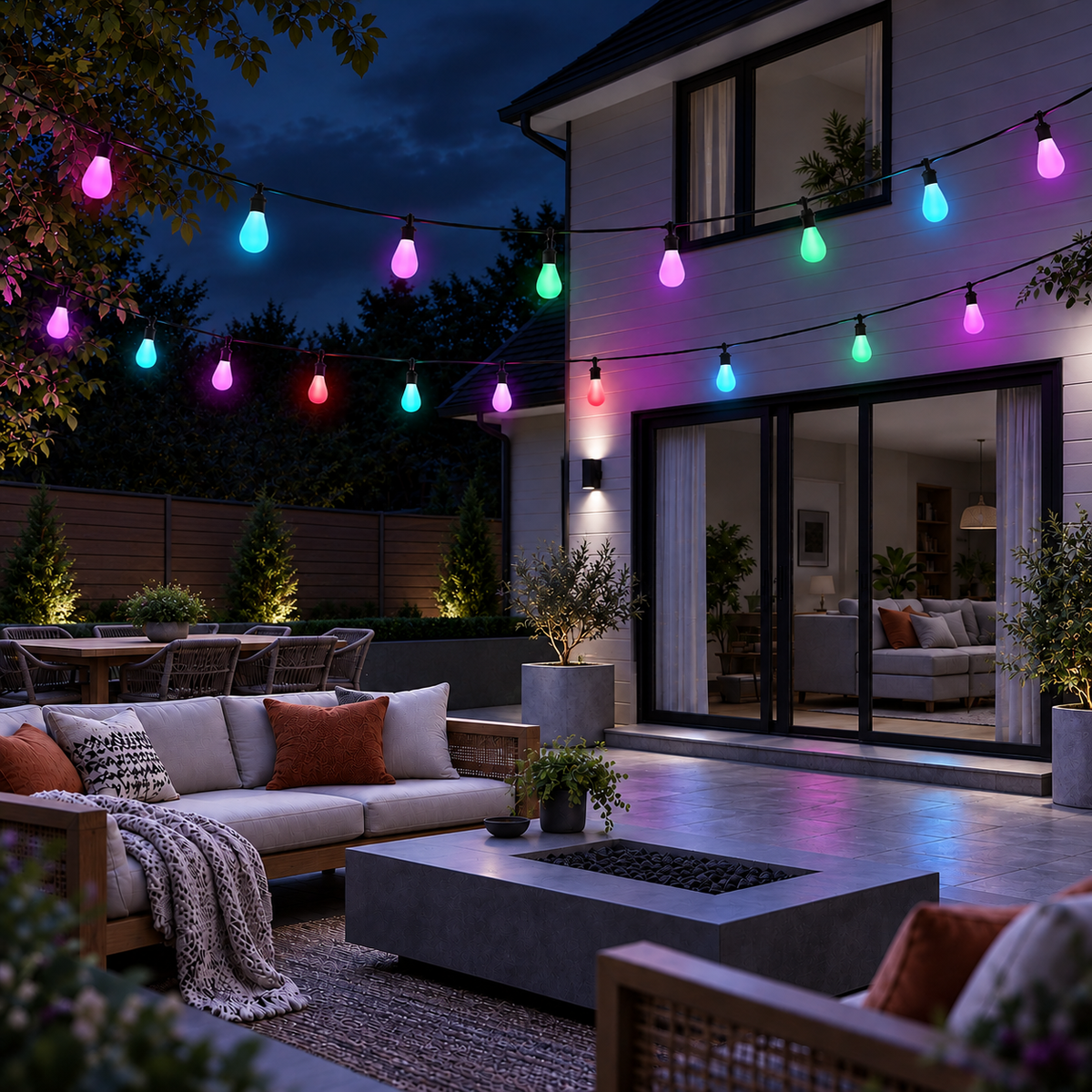 WiFi festoon lights adding colourful outdoor lighting to a modern patio and garden