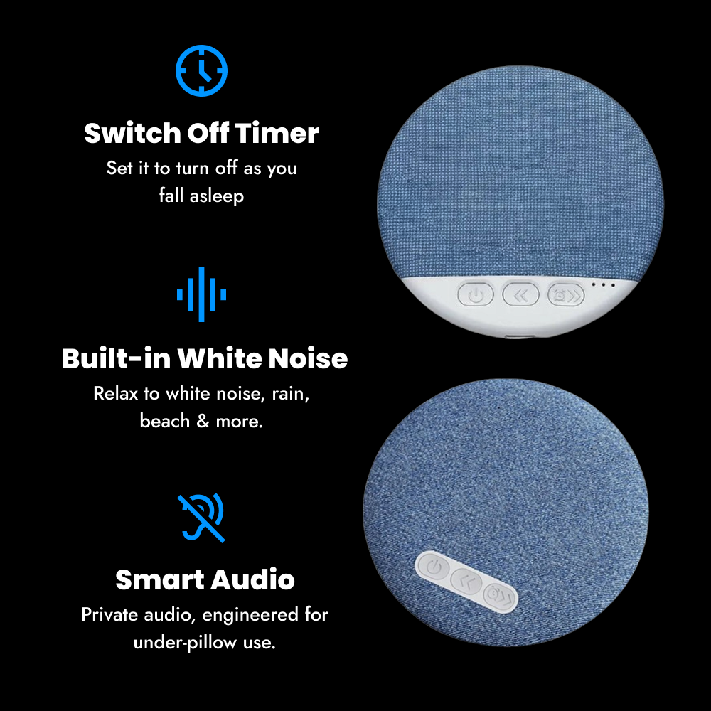 Wireless pillow speaker for night-time relaxation, offering private audio for sleep sounds, music and bedtime listening.