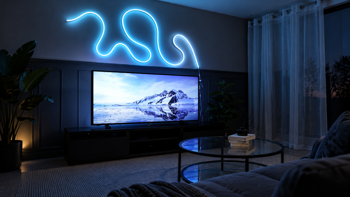 Modern living room illuminated by a blue LED neon rope light above a television, creating atmospheric ambient lighting with a contemporary interior design.