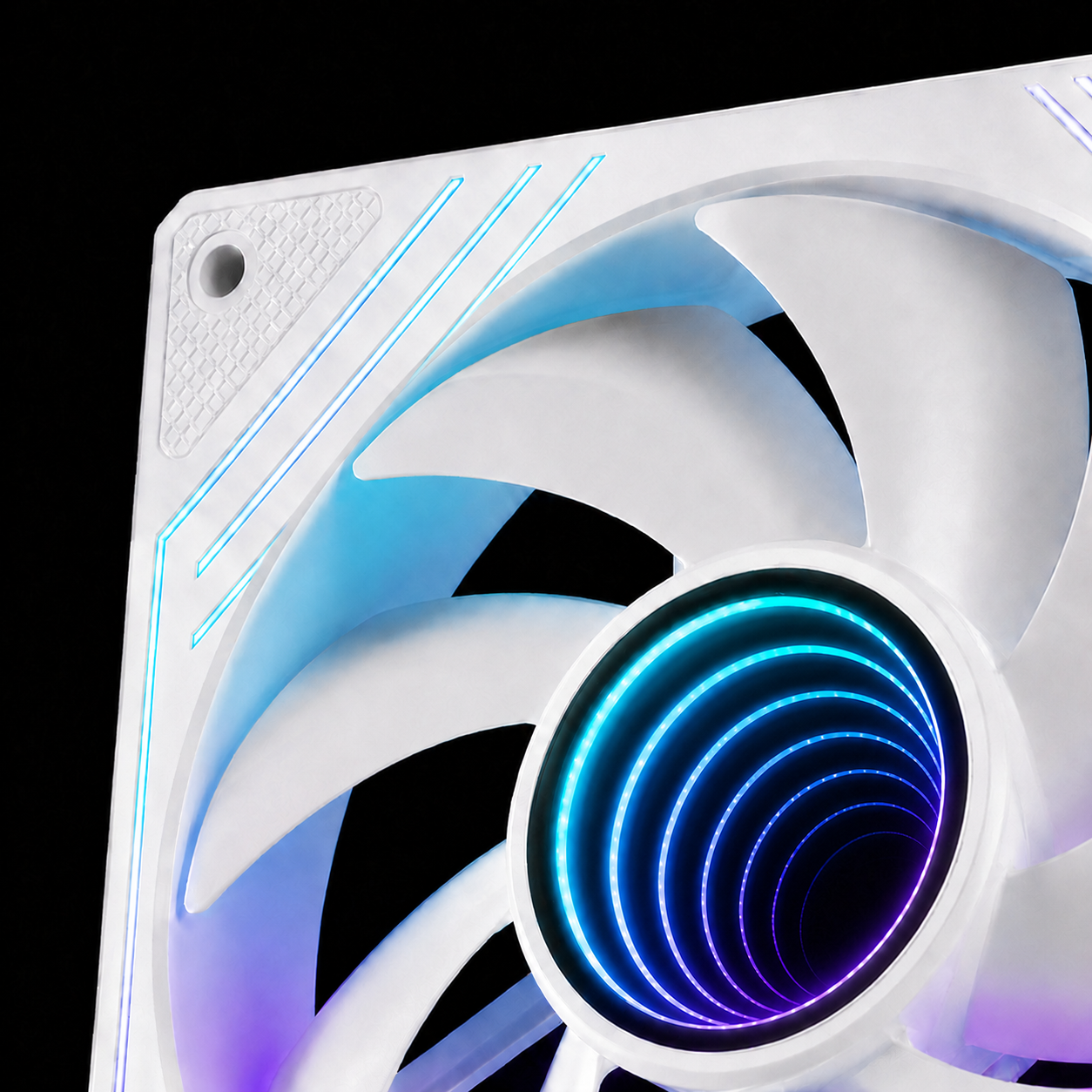 Zyko Aero 140mm ARGB case fan close-up showing quiet airflow design, hydraulic bearing and RGB lighting