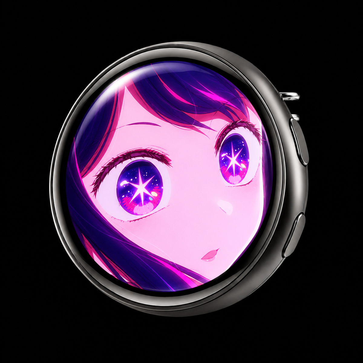 Zyko digital pin badge displaying a colourful anime image on its round touchscreen