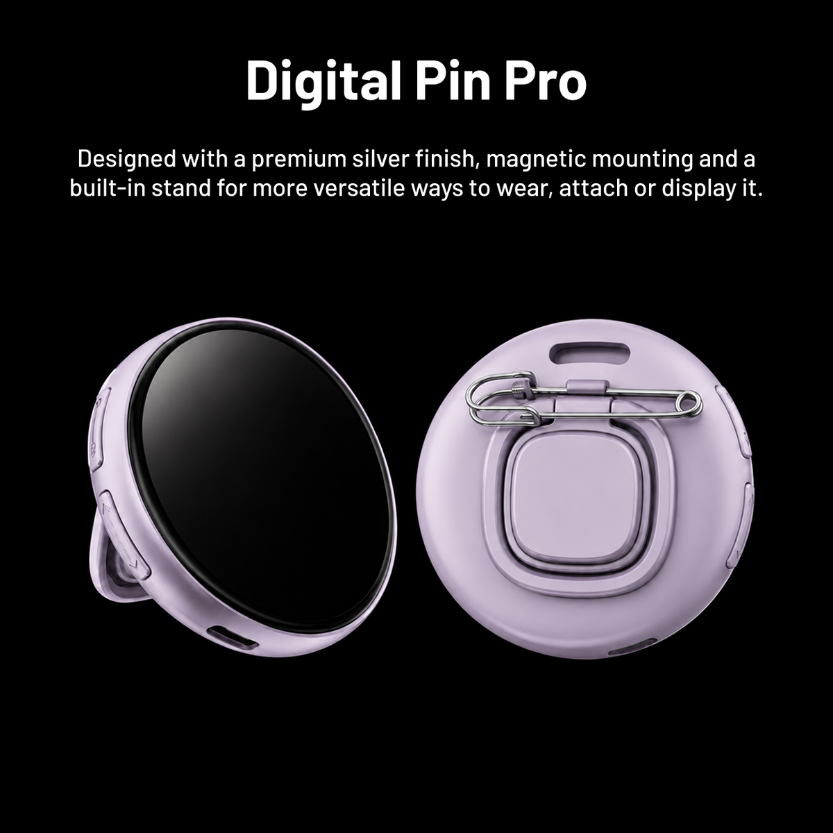 Zyko Digital Pin Pro shown from the front and back with silver finish, magnetic mounting and built-in stand