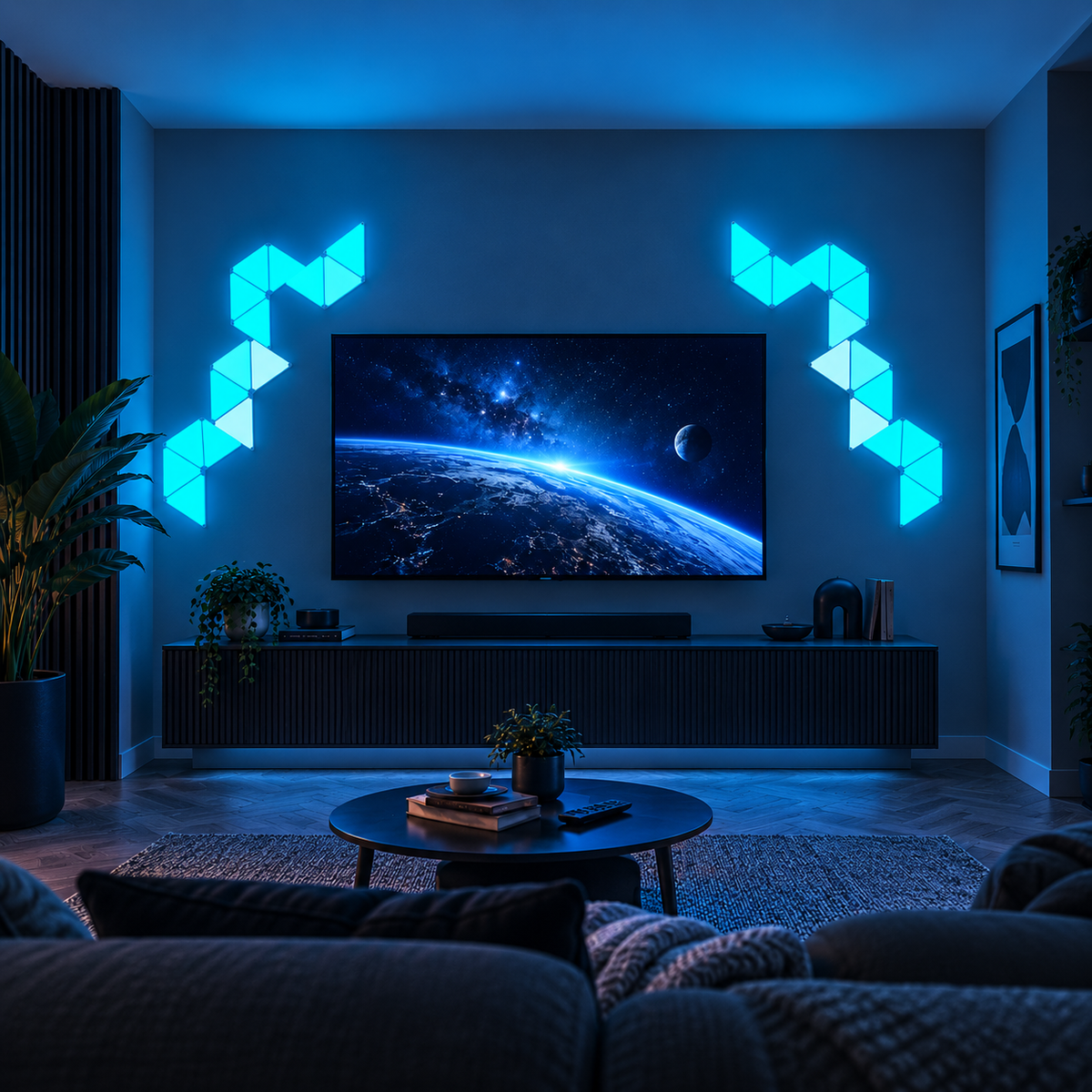 Zyko Elements triangle wall lights glowing blue around a TV in a modern living room entertainment setup.