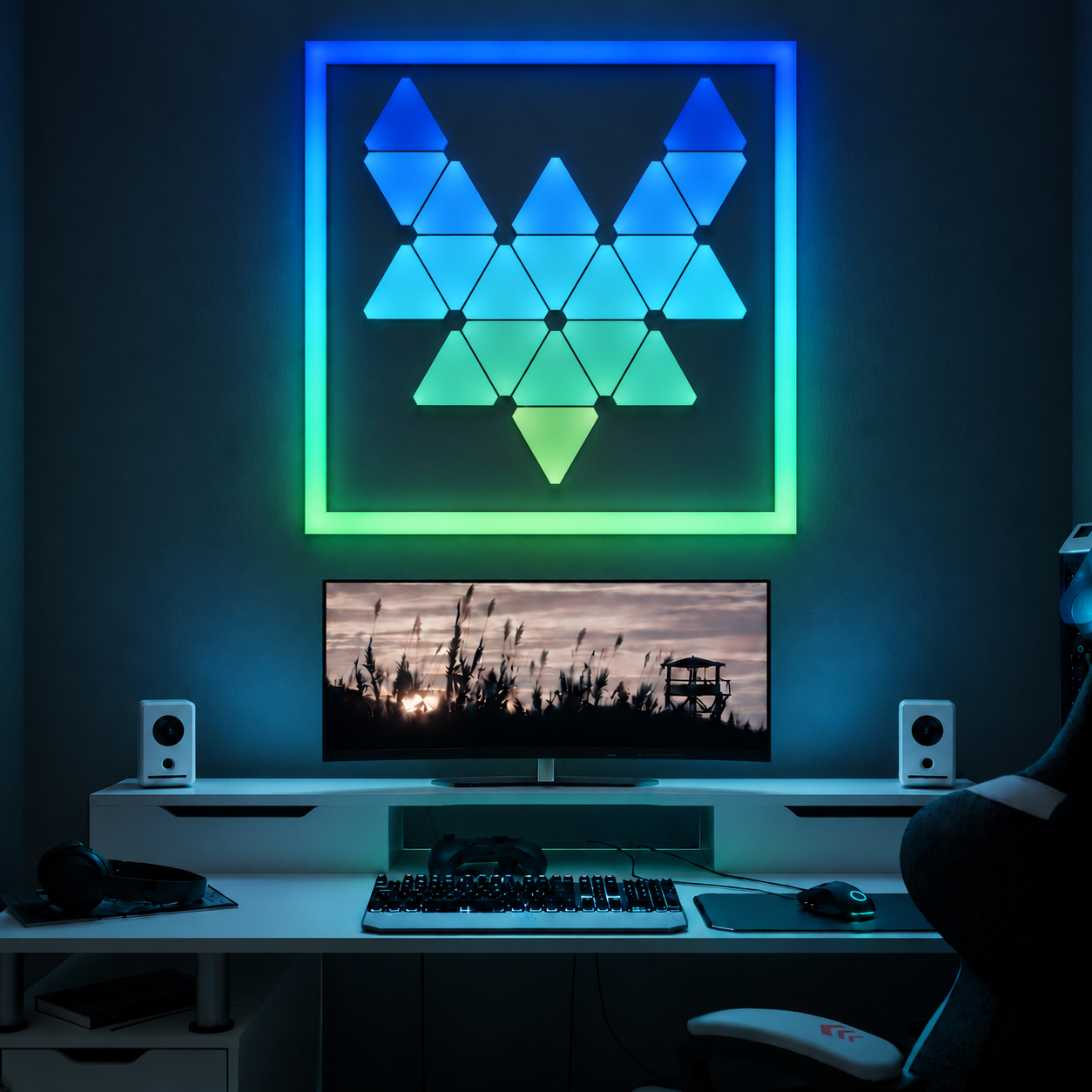 Zyko Elements Oni Bundle glowing blue, cyan and green above a gaming setup.