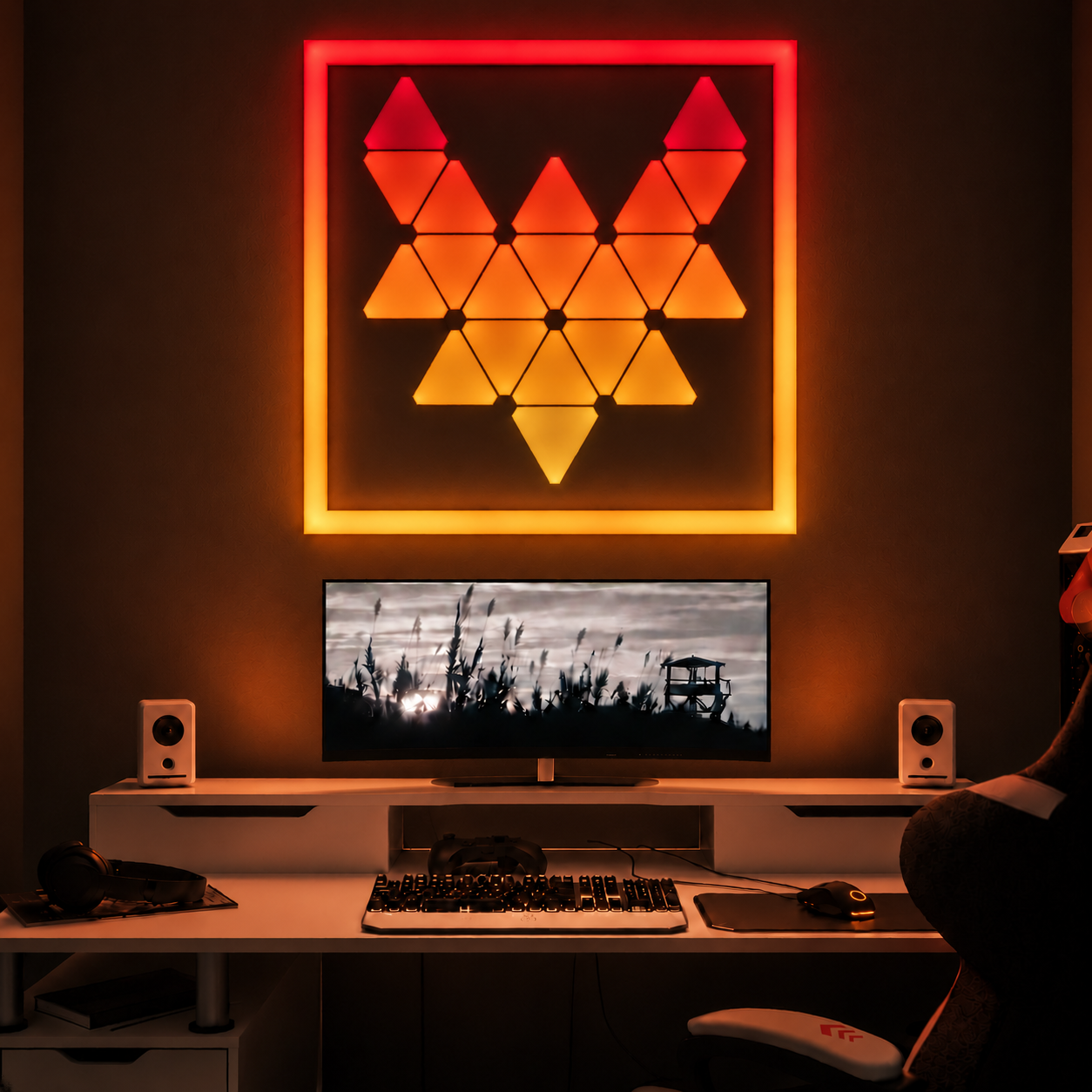 Zyko Elements Oni Bundle installed above a gaming desk with red and orange RGB lighting.