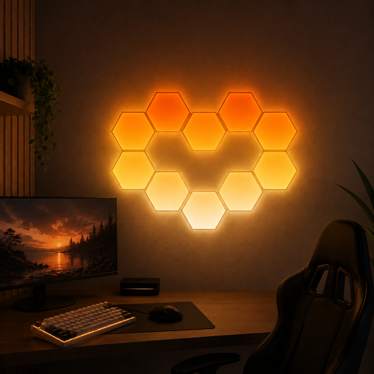 Zyko Elements RGBIC hexagon light panels glowing orange above a gaming desk setup