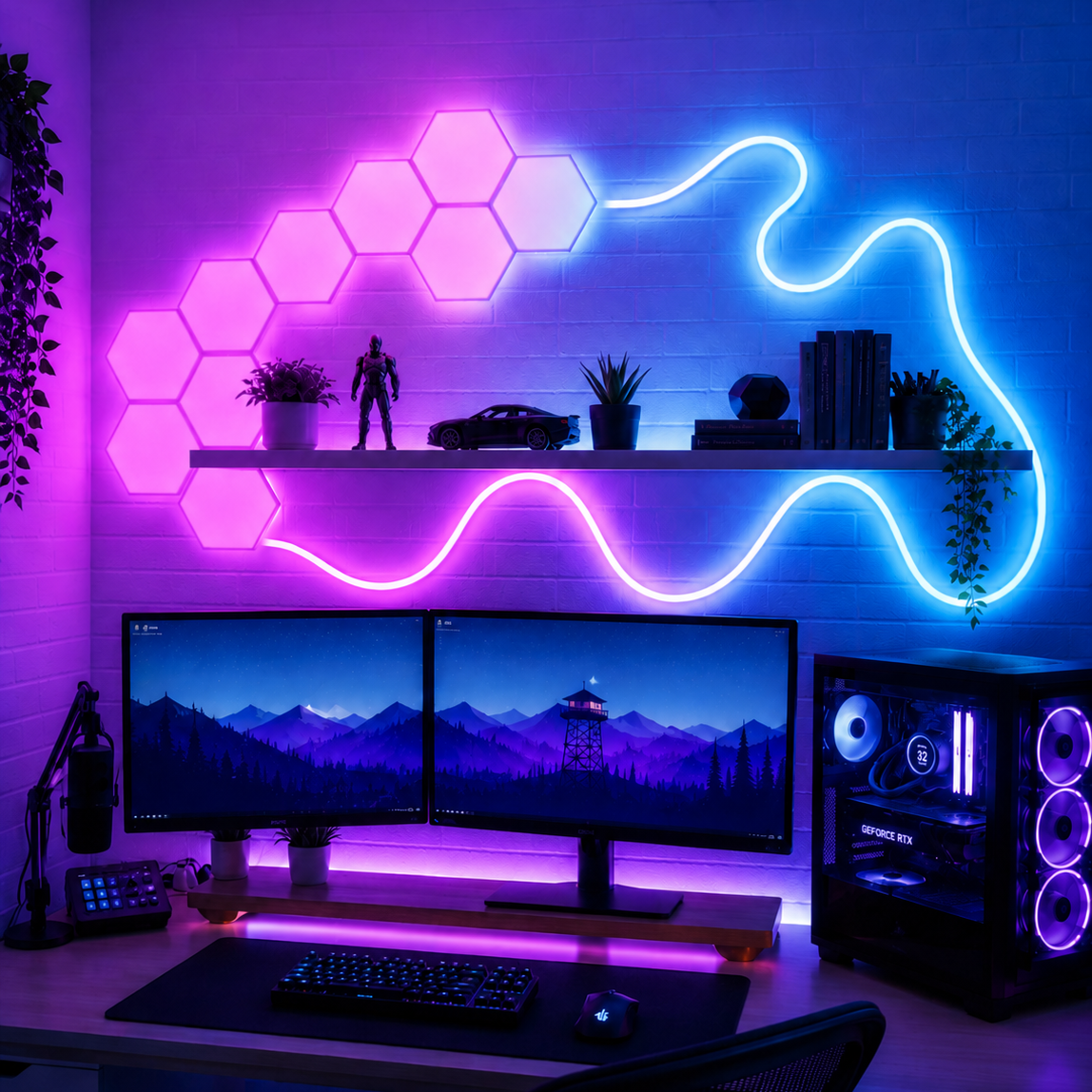 RGBIC hexagon wall lights creating pink and blue ambient lighting in a dual monitor gaming setup