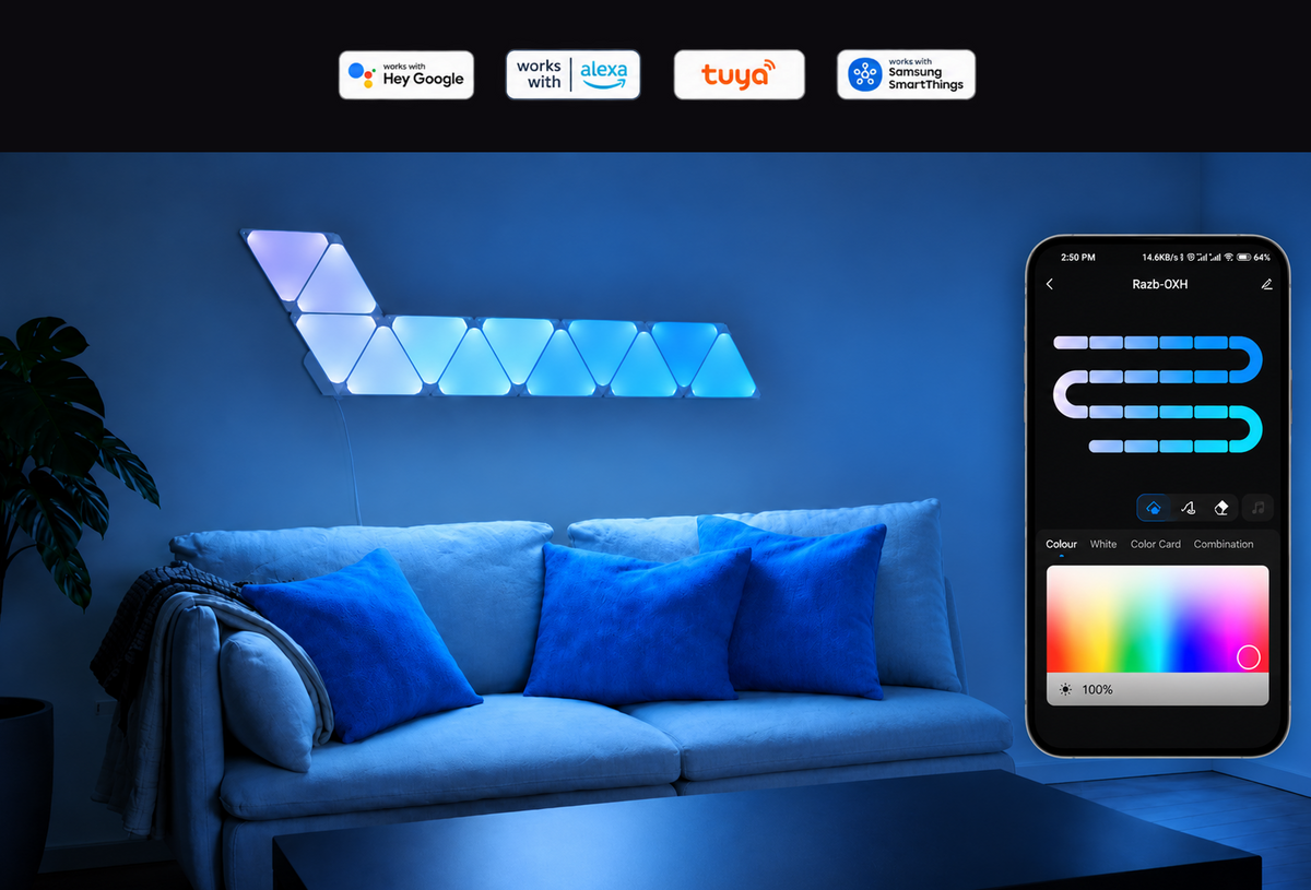 Tuya Smart app control shown alongside Zyko Elements lighting in a blue ambient living room setup.