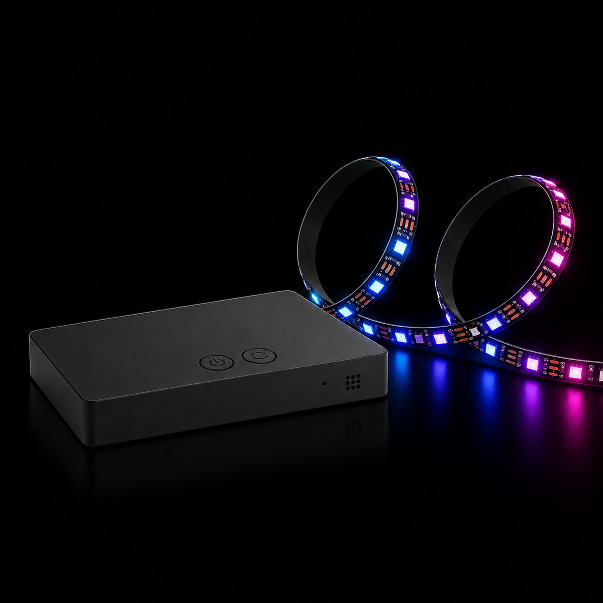 Black HDMI 2.0 sync box beside a blue and purple RGB LED strip on a dark background.