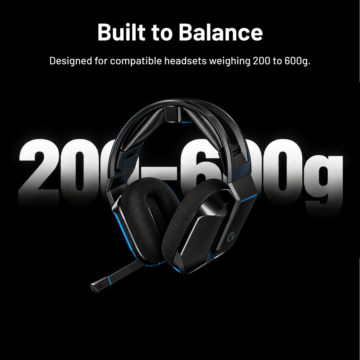 Zyko Levitating Headset Stand showing compatibility with headsets weighing 200 to 600g