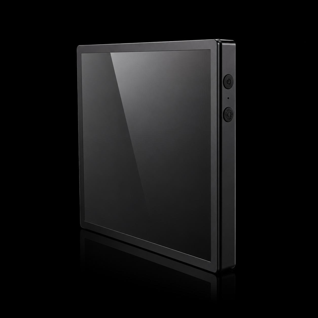 Rear view of the Zyko Pixel Display showing its matte black frame and stand