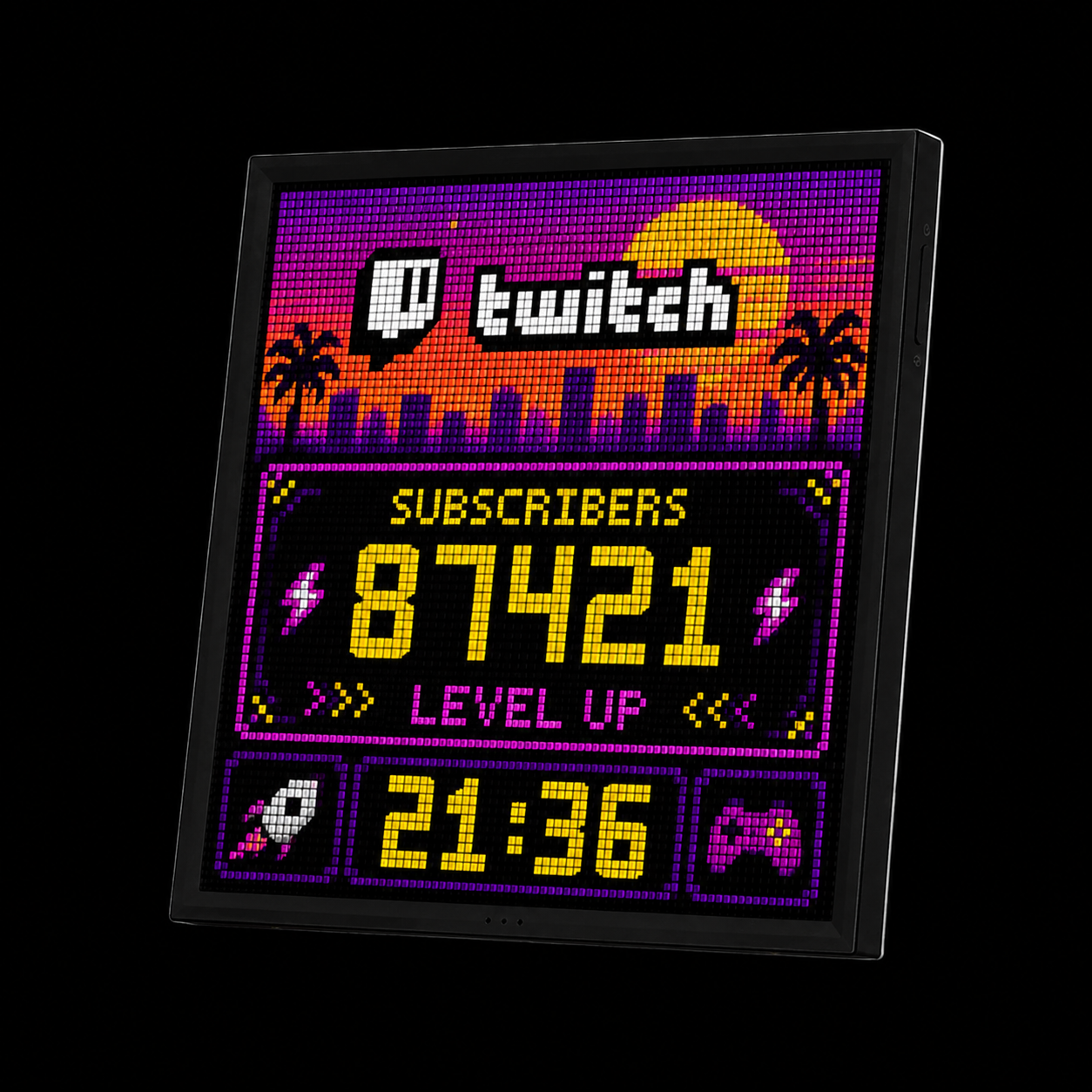 Zyko Pixel Display showing a Twitch subscriber counter in pixel art