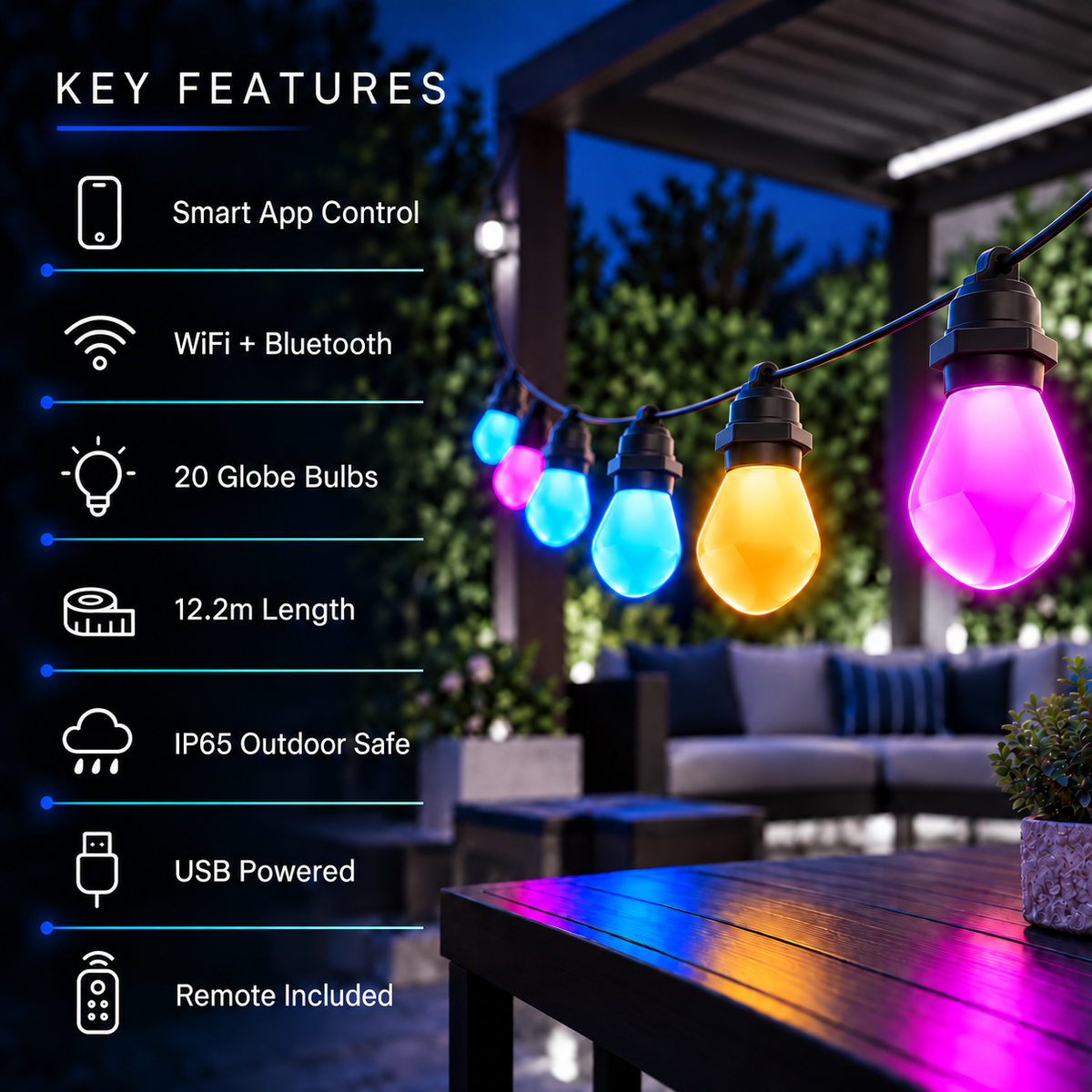 Key features of Zyko Smart Festoon Lights including app control, WiFi, Bluetooth, IP65 protection and USB power