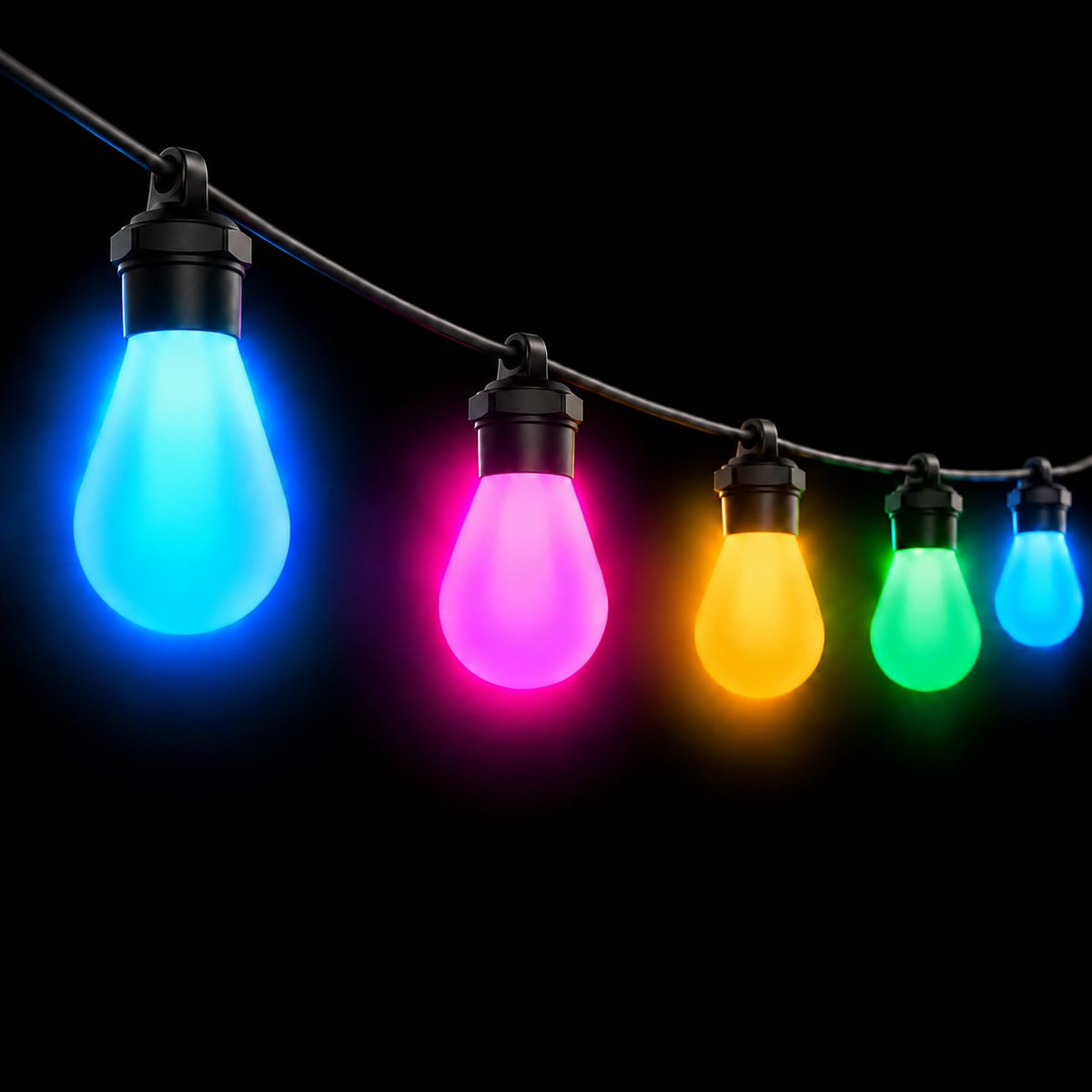 Zyko Smart Festoon Lights with colour changing RGB globe bulbs on a black background