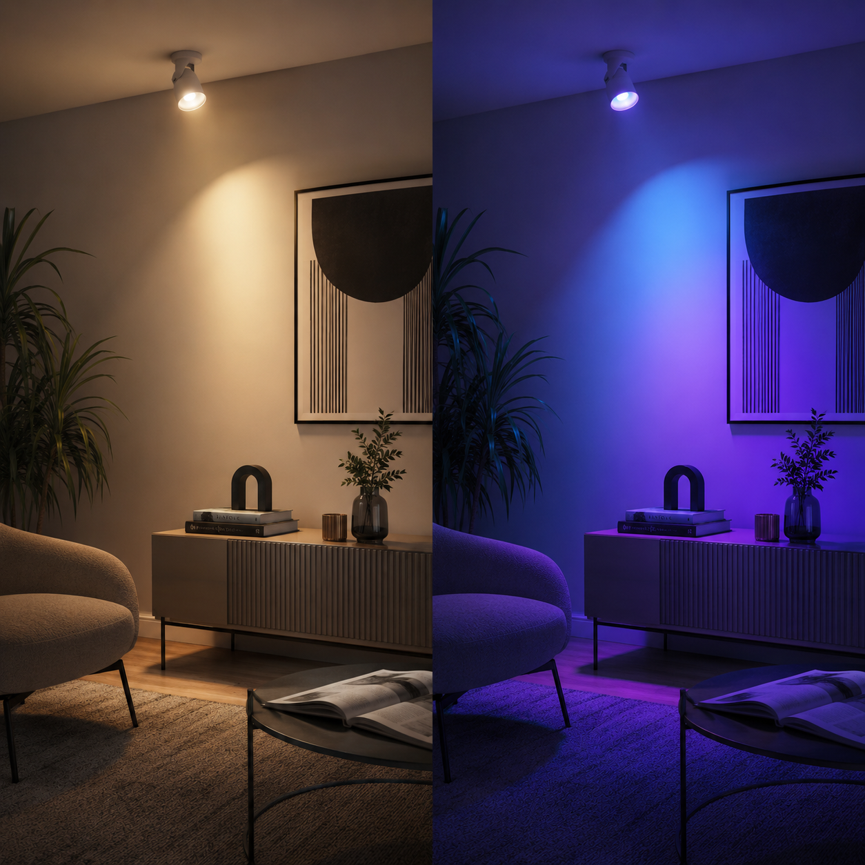 Modern living room showing a Zyko Smart GU10 spotlight switching from warm white lighting to vibrant RGB lighting using the Tuya app.