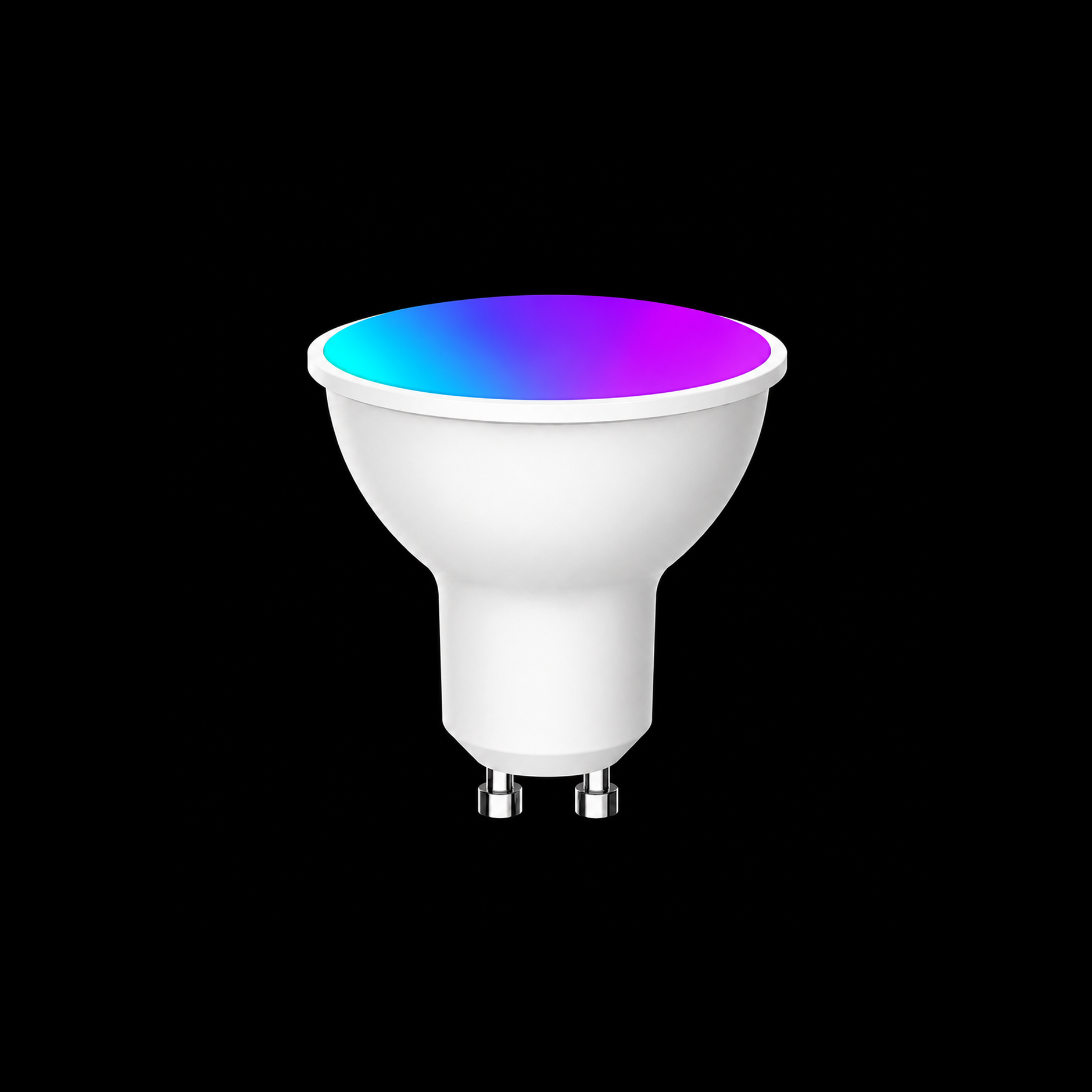 Zyko Smart RGB+CCT WiFi GU10 spotlight bulb with blue and purple gradient lighting on a black background.