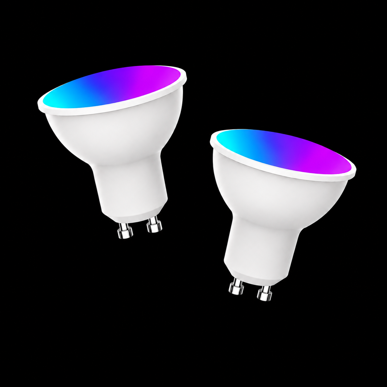 Two Zyko Smart RGB+CCT WiFi GU10 spotlight bulbs with blue and purple lighting on a black background.