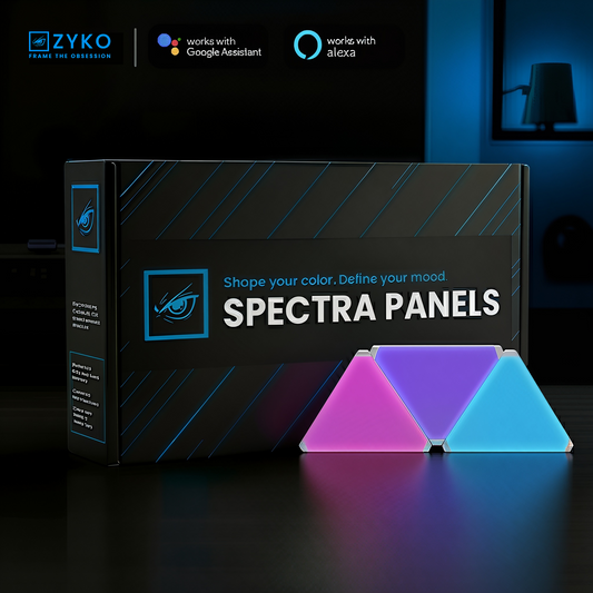 Zyko Spectra Panels RGB triangle LED wall lights product packaging with glowing panels